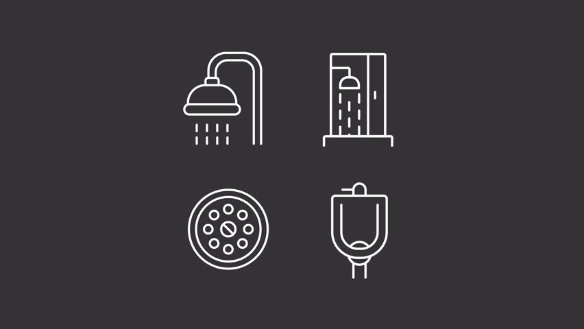 Restroom animation set. Bathroom animated white line icons. Shower cabin, showerhead. Personal hygiene, healthcare. Sanitation, lavatory. Isolated elements on dark background. Alpha channel HD video