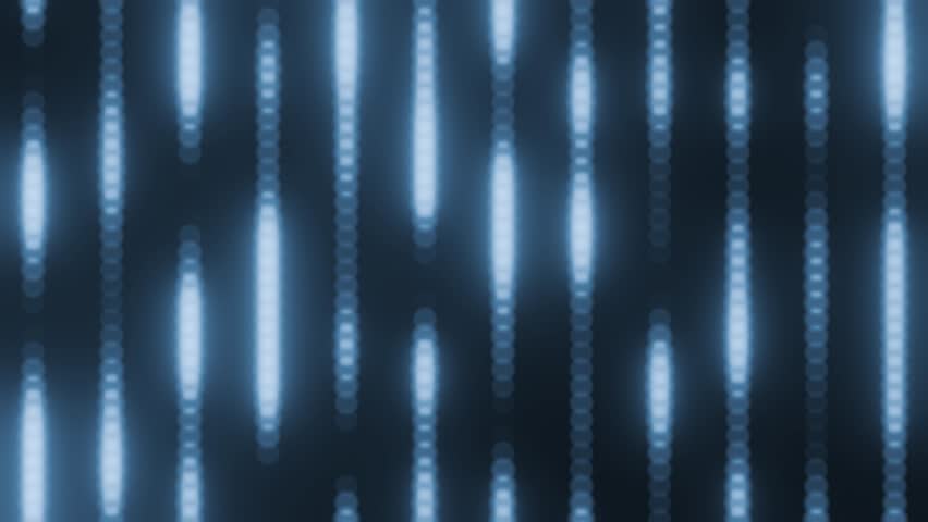 Blue neon light bokeh on black background. Abstract blur led loop animation. 3d wallpaper glow scene. Music, entertainment and technology concept.