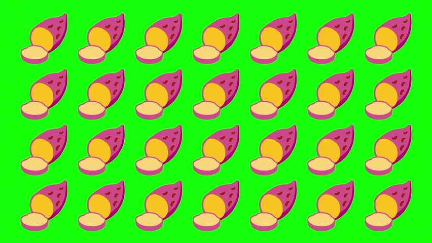 Animated sweet potato, potatoes vegetable vector shapes, seamless patterns, ornamental theme, icon, symbol. Multiple items design element. Motion graphic video, isolated animation green screen