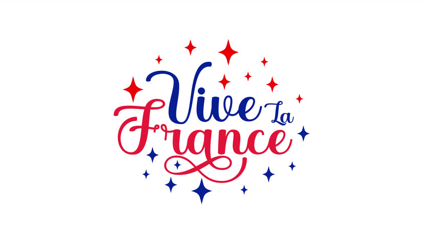 Vive la France animated text in red and blue color. French patriotic animation clip. Bastille Day holiday concept footage.