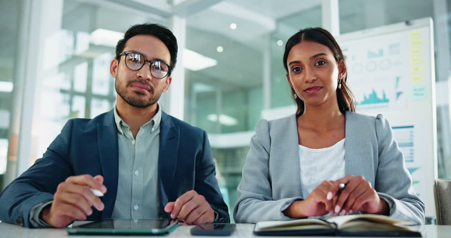 Meeting, interview and business people in office for video call, hiring or writing notes with candidate. Recruitment, POV and HR employees with resume review for onboarding process in workplace.