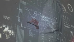 Tech professional tapping tablet, swiping holographic maps while analyzing South America data. Technology, data visualization, innovation, digital interface, futuristic, analytics, science - Powered by Shutterstock - Get 15% off with code: PIKWIZARD15