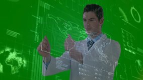 Business executive gesturing activating 3D world map and dragging charts for finance analysis. Technology, dashboard, augmented reality, data visualization, innovation, futurism, corporate - Powered by Shutterstock - Get 15% off with code: PIKWIZARD15