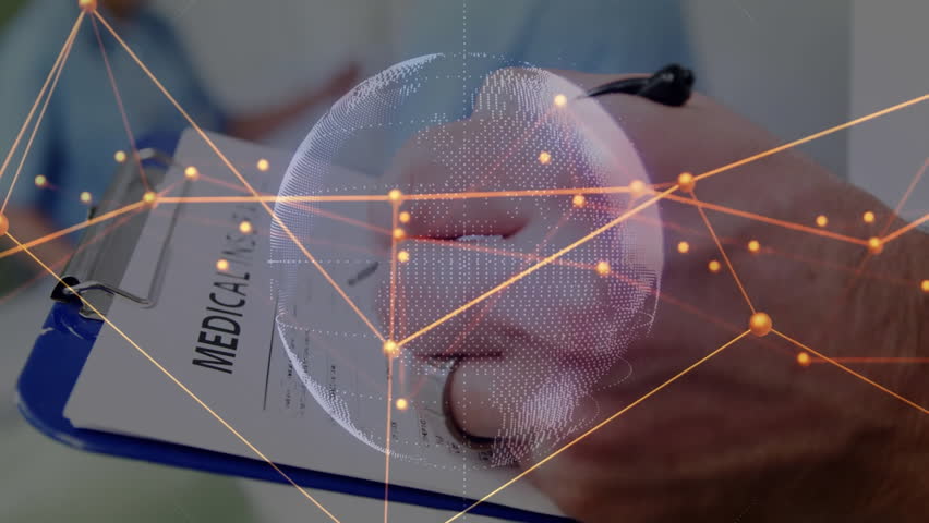 Doctor holding pen noting patient info on clipboard activating medical digital overlay showing flow. Healthcare, collaboration, digital health, medical technology, clinical team, data analysis, - Powered by Shutterstock - Get 15% off with code: PIKWIZARD15