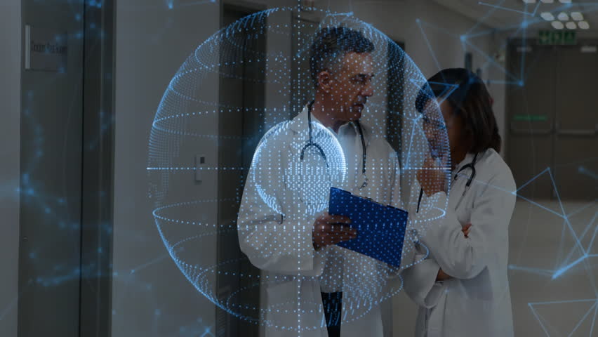 Doctors pointing at chart folder and sharing patient data under holographic globe in hospital hall. Medical, collaboration, innovation, technology, healthcare, professionalism, futuristic - Powered by Shutterstock - Get 15% off with code: PIKWIZARD15