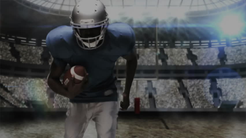 Running back after snap carrying ball sprinting linebacker wrapping and driving runner stopping run. Athletics, competition, sport, action, intensity, adrenaline, teamwork