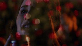 Female singer inhaling near vintage microphone and singing ballad on music set with bokeh lights. Performance, ambiance, intimacy, artistry, nightlife, mood, serenade - Powered by Shutterstock - Get 15% off with code: PIKWIZARD15