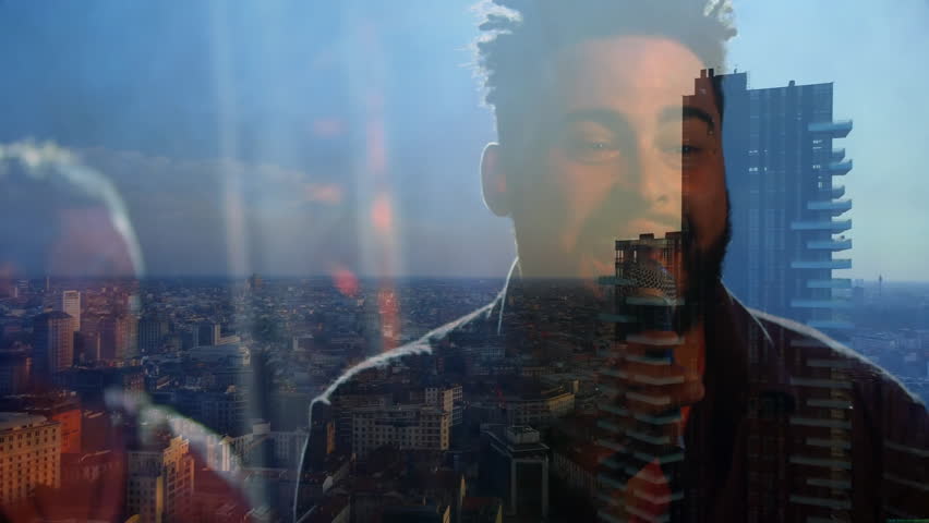 Lead singer parting lips delivering vocals with skyline overlay for music while guitarist strumming. Concert, vocalist, acoustic, performance, urban, avant-garde, atmospheric