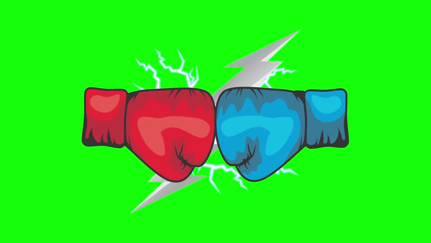 Animation of red and blue boxing gloves colliding with electric sparks and a lightning bolt between them. Ideal for sports intros, boxing match previews, or fighting-themed motion graphics.