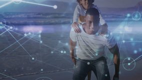 Man carrying son walking along sand showcasing technology with digital network lines, nodes pulsing. Family, bonding, connectivity, innovation, outdoor, leisure, warmth - Powered by Shutterstock - Get 15% off with code: PIKWIZARD15