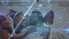 Couple settling into hammock on beach initiating digital data overlay syncing mood with technology. Romance, relaxation, connection, serenity, outdoor, leisure, futuristic - Powered by Shutterstock - Get 15% off with code: PIKWIZARD15