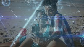 Daughter tapping phone activating tech network visualizing data swirling around mother and daughter. Family, digital, connectivity, outdoors, leisure, innovation, interaction - Powered by Shutterstock - Get 15% off with code: PIKWIZARD15