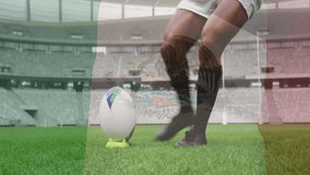 Upon Mexican flag unfurling, rugby player planting foot on tee, kicking ball toward goalposts. Athletics, competition, sport, stadium, motion, determination, outdoor - Powered by Shutterstock - Get 15% off with code: PIKWIZARD15