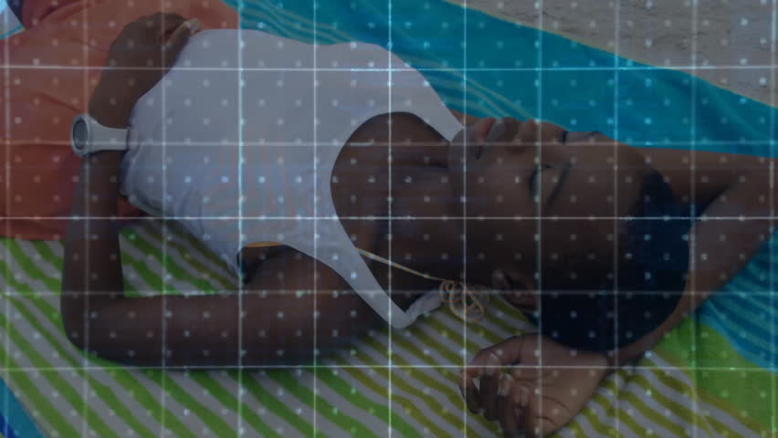 Woman reclining on exercise mat initiating fitness biometric scanning graphic moving chest upward. Health, wellness, biometric, technology, fitness, body scan, motion - Powered by Shutterstock - Get 15% off with code: PIKWIZARD15