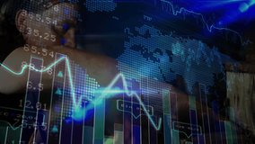 Male boxer punching, activating translucent fitness overlay with world map charts and graph spikes. Athlete, data visualization, digital interface, fitness, performance, training, technology - Powered by Shutterstock - Get 15% off with code: PIKWIZARD15