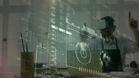 Developer wearing VR headset summoning hologram tapping chart adjusting timeline framing world map. Futuristic, immersive, technology, interface, innovation, analytics, digital - Powered by Shutterstock - Get 15% off with code: PIKWIZARD15