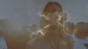 Man standing on shore starting nebula overlay drifting across face revealing detail in tech demo. Celestial, ethereal, contemplative, mystic, surreal, tranquil, minimalist - Powered by Shutterstock - Get 15% off with code: PIKWIZARD15