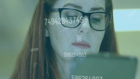 Data analyst tapping tablet and reviewing floating numeric streams for analytics in tech office. Holography, technology, futurism, data visualization, innovation, concentration, professional - Powered by Shutterstock - Get 15% off with code: PIKWIZARD15