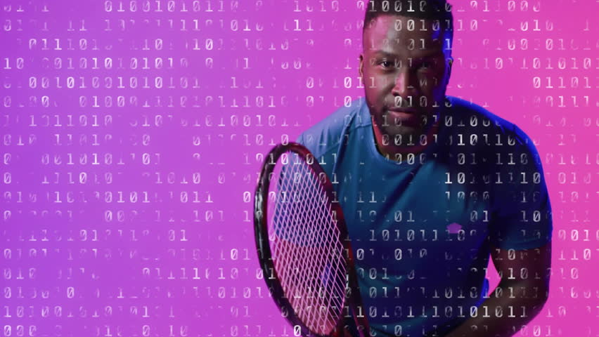 Upon gripping racket tennis pro tilting racket and smiling for showcasing tech with binary overlay. Athlete, technology, digital, innovation, dynamic, modern, esports