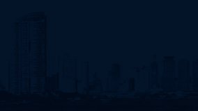 Play button flat icon on finger over world map, modern city tower and skyscraper, Business music online concept, Elements of this image furnished by NASA - Powered by Shutterstock - Get 15% off with code: PIKWIZARD15