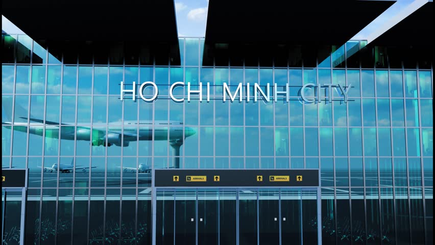 Airlane landing at Ho Chi Minh City. Arrival in the city with reflection of airport and aircraft