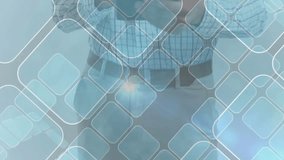 User tapping smartphone screen starting pulsing technology overlay while swiping smiling at content. Tech, communication, digital, innovation, modern, connectivity, user interface - Powered by Shutterstock - Get 15% off with code: PIKWIZARD15