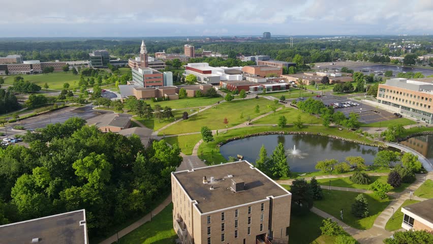 Aerial view of Oakland University campus with Bear Lake, Rochester, MI, USA