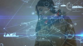 Woman lifting EV connector and plugging port watching data overlay growing for battery status. Futuristic, innovation, technology, digital, transportation, urban, sustainability - Powered by Shutterstock - Get 15% off with code: PIKWIZARD15