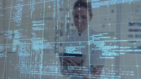 After code grid appearing IT analyst raising tablet and tapping screen scrolling and reviewing code. Technology, innovation, digital, futurism, enterprise, interface, data - Powered by Shutterstock - Get 15% off with code: PIKWIZARD15