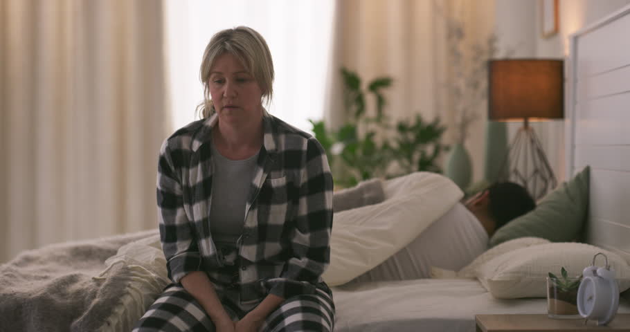 Depression, thinking and marriage with woman in bedroom for relationship crisis, insomnia and mental health. Fatigue, psychology and cheating guilt with person at home for challenge, anxiety and fear