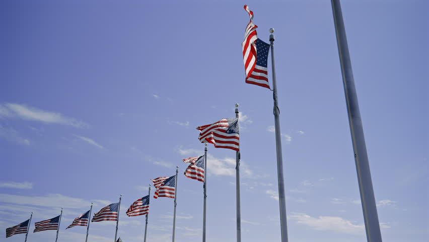 Row of American Flags Waving in Wind