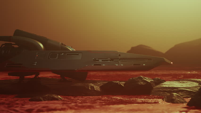 3d animation of a single-pilot spaceship landed on alien planet, on iron ore rocks in red flow water lava. Side view of green military spacecraft against yellow orange sunset and mountains background.