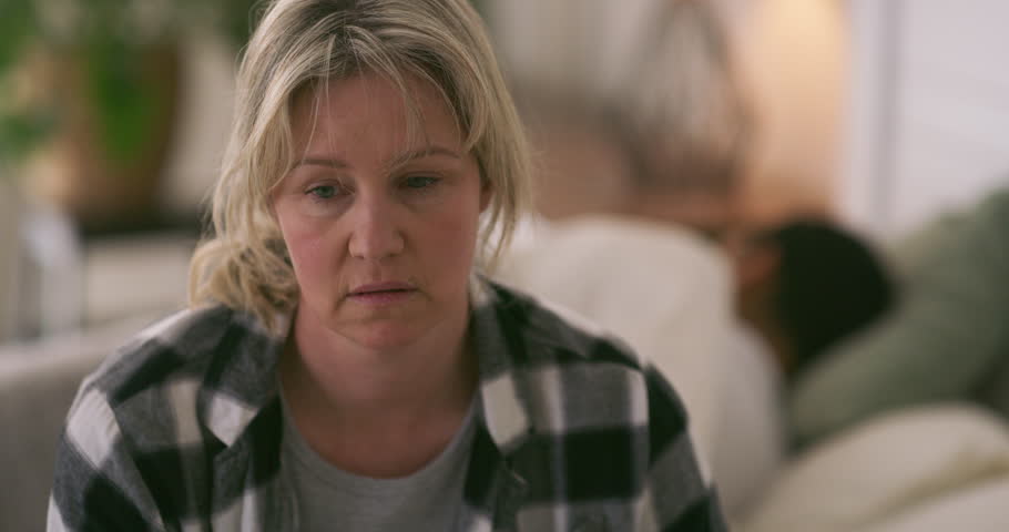 Sad, thinking and tired with woman in bedroom for marriage crisis, insomnia and mental health. Fatigue, psychology and cheating guilt with female person at home for challenge, anxiety and fear