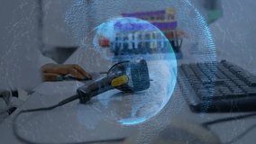 Lab technician moving mouse showing 3d globe while scanning barcodes and entering data. Science, innovation, technology, research, futurism, analytics, digital - Powered by Shutterstock - Get 15% off with code: PIKWIZARD15