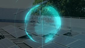 Digital globe forming over solar panels guiding technician typing laptop monitoring output data. Renewable, technology, innovation, sustainability, futuristic, engineering, outdoor - Powered by Shutterstock - Get 15% off with code: PIKWIZARD15