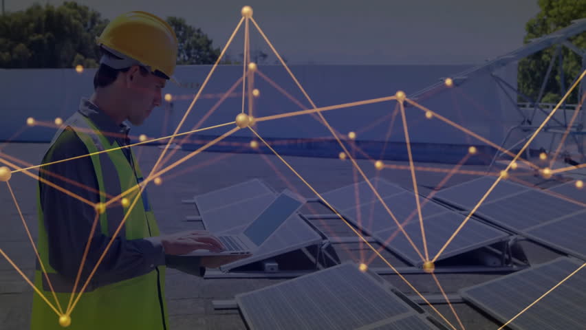 Technician placing laptop on solar panel, typing and syncing network overlay for system diagnostics. Renewable, technology, innovation, sustainable, digital, engineering, green - Powered by Shutterstock - Get 15% off with code: PIKWIZARD15