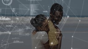 Couple embracing on beach after smartphone glance activating data network overlay for visualization. Romantic, connectivity, serenity, futuristic, communication, leisure, landscape - Powered by Shutterstock - Get 15% off with code: PIKWIZARD15
