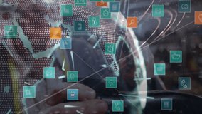 Transparent digital globe shifting factory engineer accessing data then tapping tablet with icons. Technology, innovation, industrial, digital, modernization, automation, connectivity - Powered by Shutterstock - Get 15% off with code: PIKWIZARD15