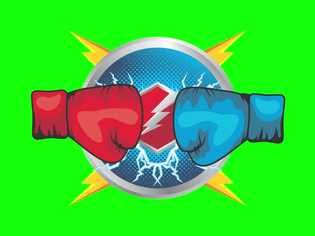 Animation of red and blue boxing gloves colliding with electric sparks and yellow burst behind them. Suitable for boxing intros, sports highlight reels, or tournament graphics.