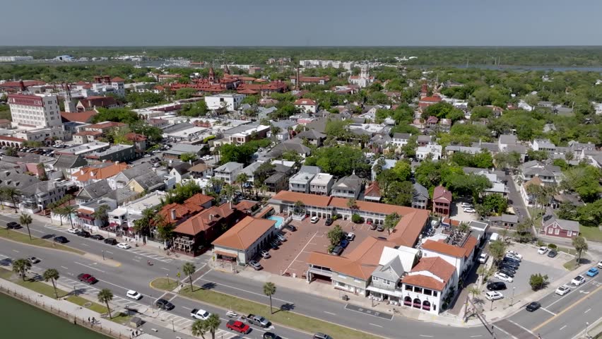 Downtown St. Augustine, Florida along the Matanzas River with drone video moving sideways.