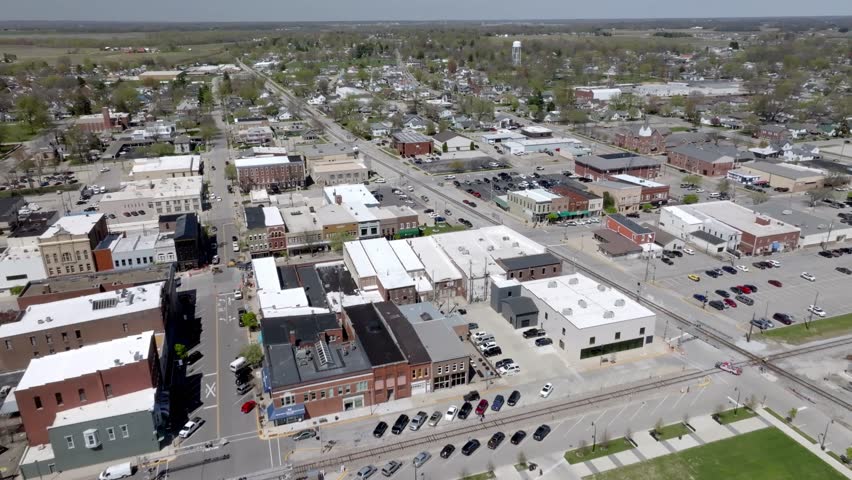 Downtown Seymour, Indiana with drone video at an angle.