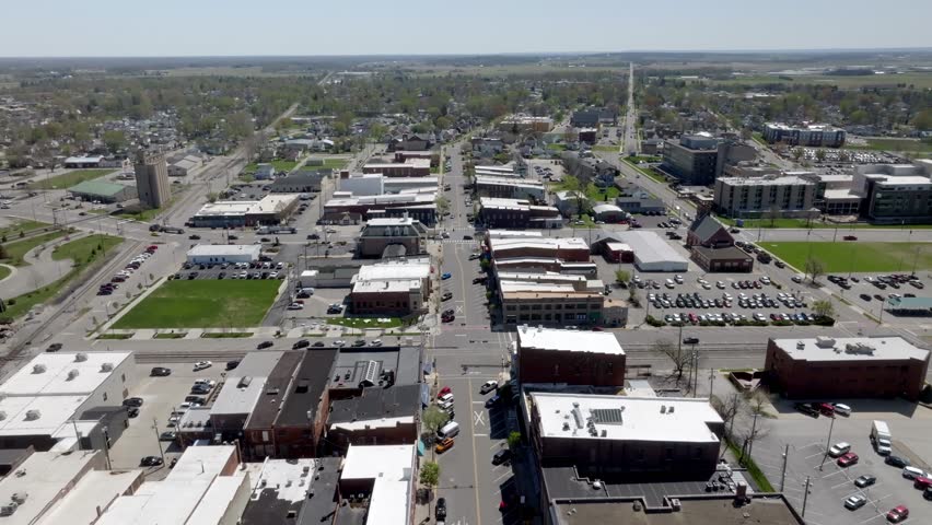 Downtown Seymour, Indiana with drone video moving in.