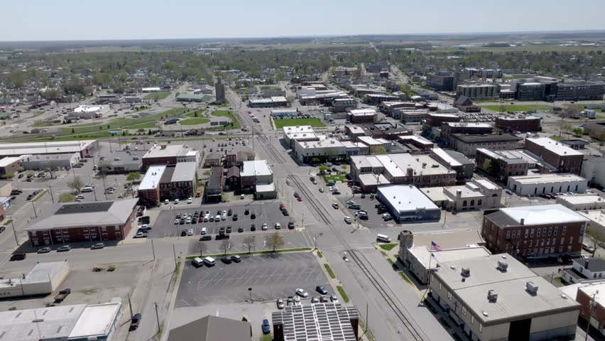 Downtown Seymour, Indiana with drone video moving in a circle.