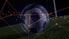 Nodes materializing on soccer ball with data overlay, turning wireframe while player preparing kick. Technology, sport, digital, innovation, motion, virtual, futuristic - Powered by Shutterstock - Get 15% off with code: PIKWIZARD15