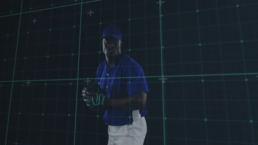 Pitcher shifting weight winding up releasing ball for sport analysis with animated grid crosshair. Athletic, performance, biomechanics, motion, training, sportswear, digital