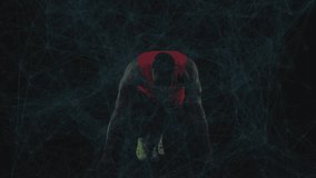 Male sprinter crouching in starting blocks and launching explosive sprint under glowing network. Athlete, performance, speed, technology, digital, fitness, motion - Powered by Shutterstock - Get 15% off with code: PIKWIZARD15