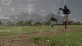 Runner bursting from batter box, team chasing, charts visualizing speed via sports analytics. Athletics, competition, sports, training, fitness, outdoor, motion - Powered by Shutterstock - Get 15% off with code: PIKWIZARD15