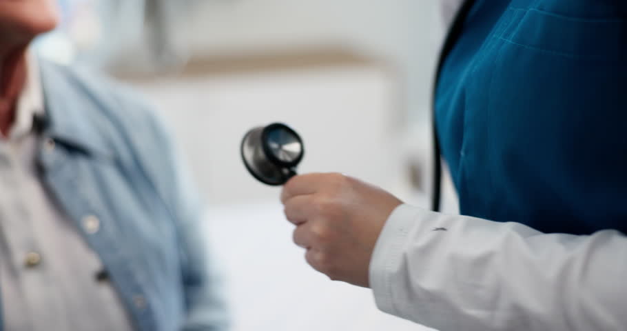 Hands, person and nurse with stethoscope for checkup, consultation and chest wellness in hospital. Healthcare, patient and cardiologist with medical tools for lungs infection, breathing and closeup