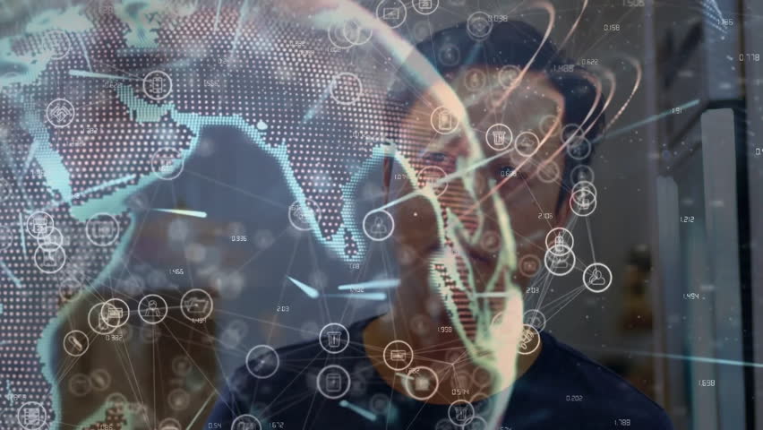 Tech professional swiping smartphone on glass display, accelerating globe spin, reconfiguring icons. Futuristic, innovation, technology, data analytics, digital, networking, interface - Powered by Shutterstock - Get 15% off with code: PIKWIZARD15