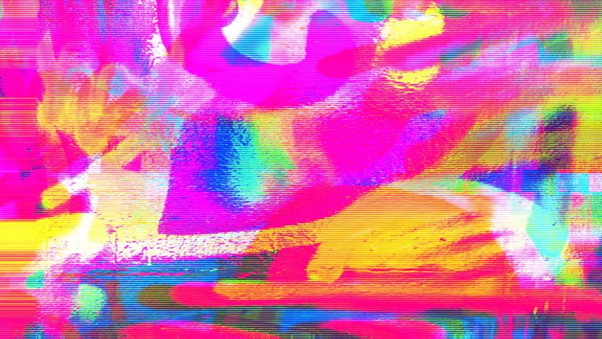 4k seamless loop animation of Vibrant glitch art pattern in neon pink, blue, yellow. 90s, 80s, Y2K style, distorted liquid background, psychedelic glow. Digital art, screen saver, Gan Z banners design